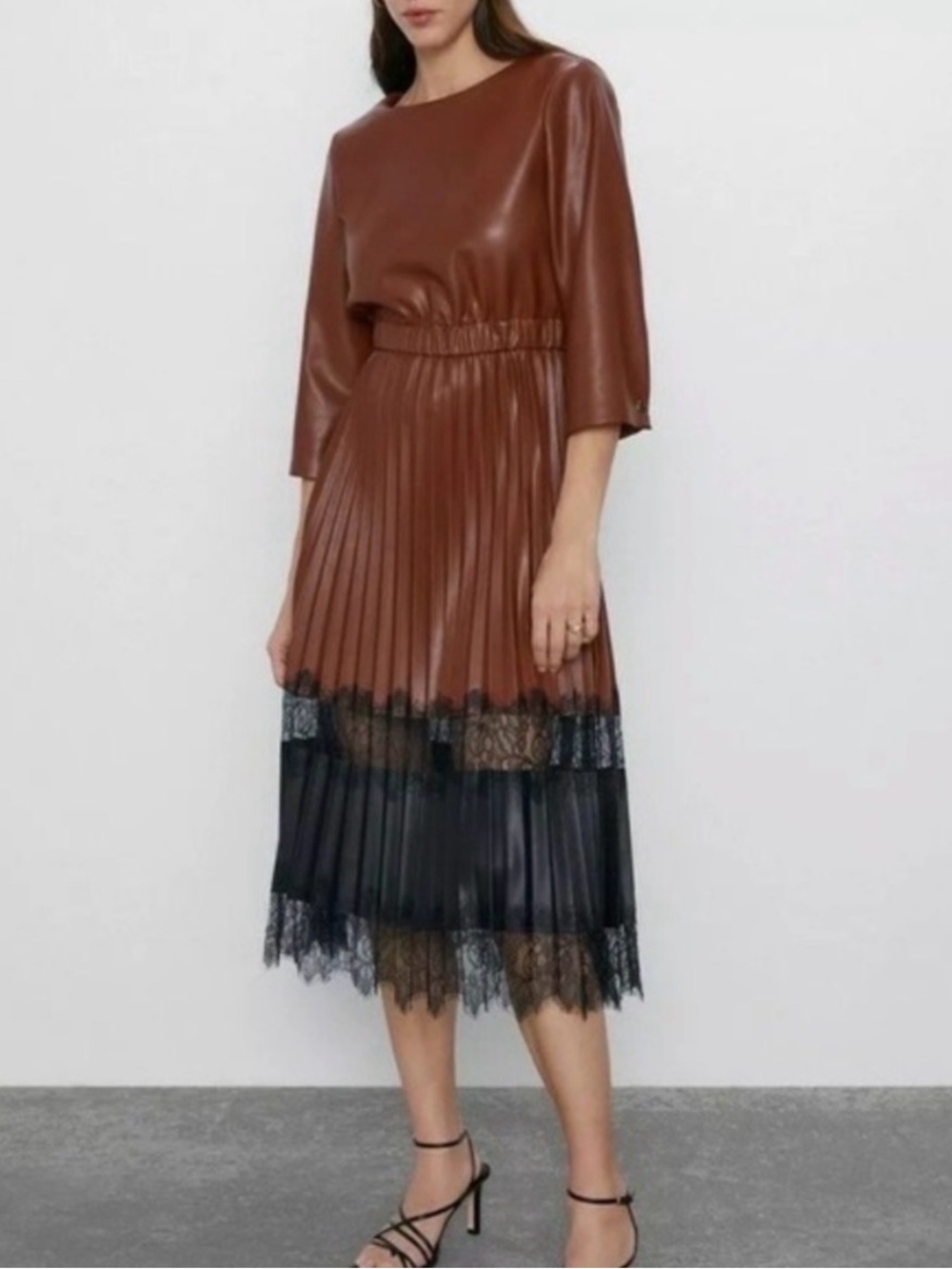 Zara | Brown Faux Leather Pleated Midi Dress with Black Lace Trim- M